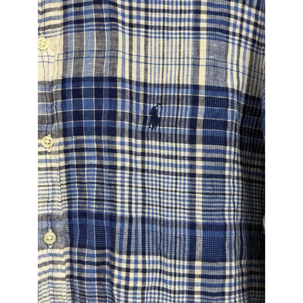 Polo Ralph Lauren Shirt Linen Button Up XL Blue Plaid Pony Long Sleeve - Picture 2 of 8
